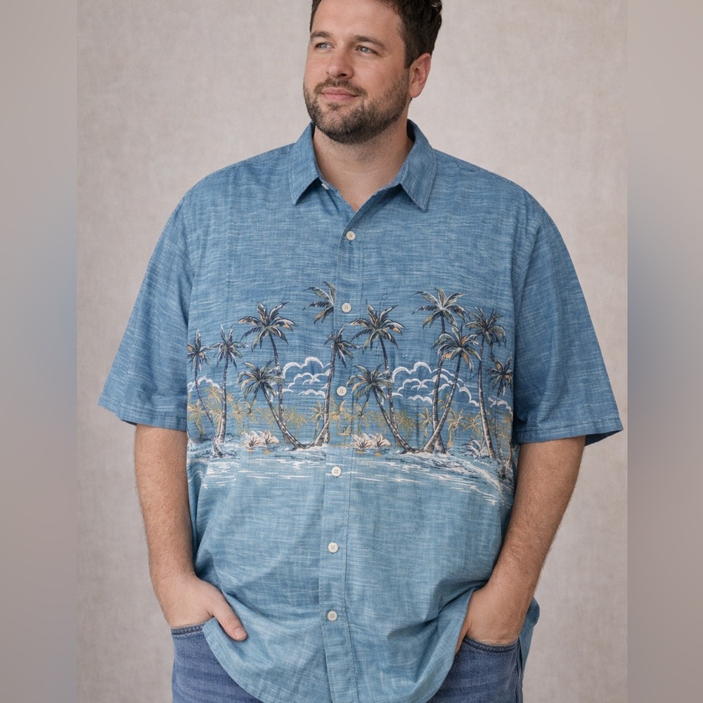 RedHead Blue Hawaiian Palm Tree Button Up Shirt Men’s 2XL Tropical Beach Aloha